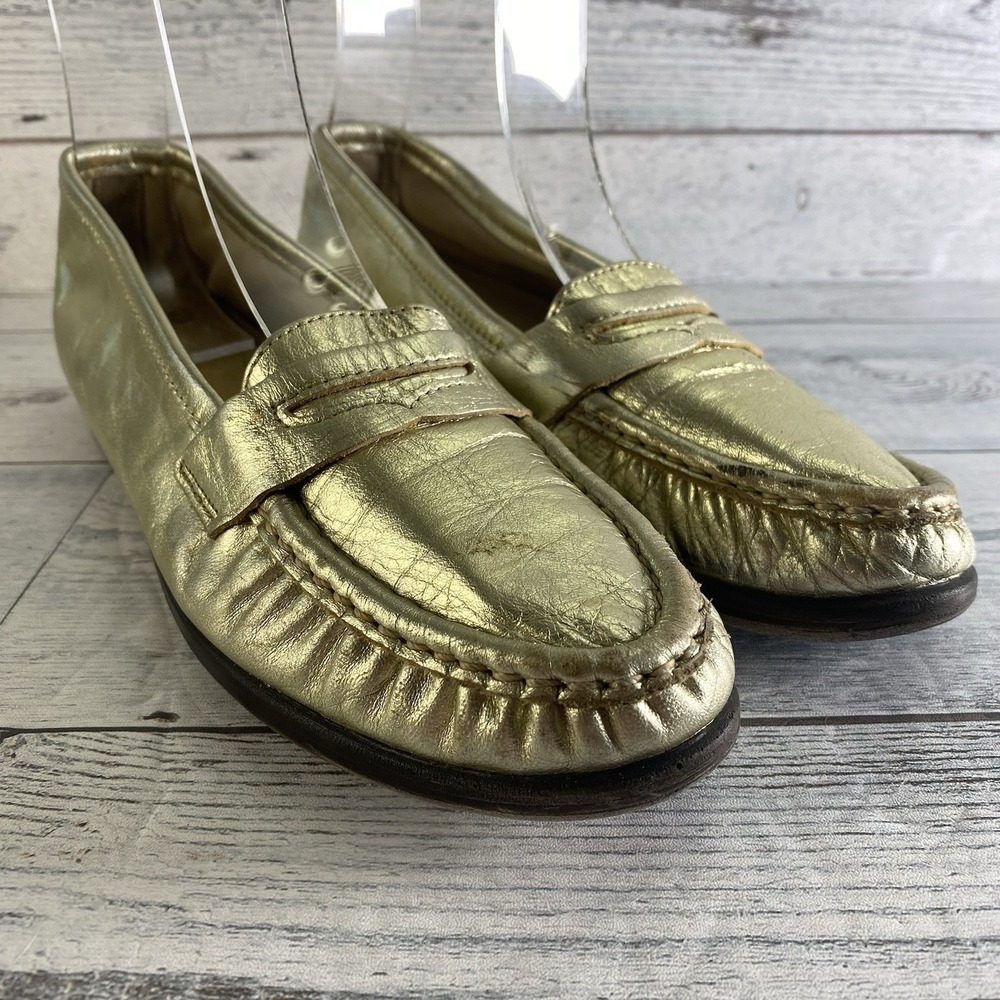 SAS Shoes Womens 7.5 Gold Leather Comfort Orthopedic Sparkle Moccasin Loafers